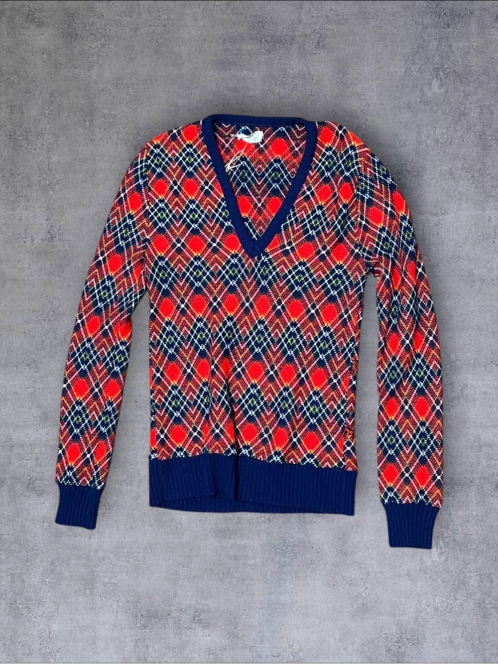 Vintage 60s / 70s Red & Blue Himalaya Plaid V-Neck Knit Sweater